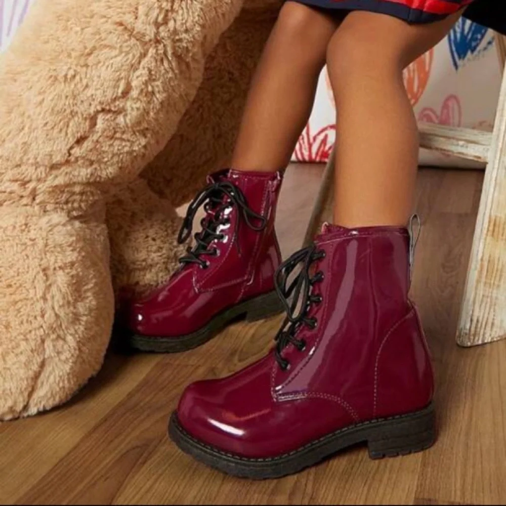 Kids Burgundy Combat Boots